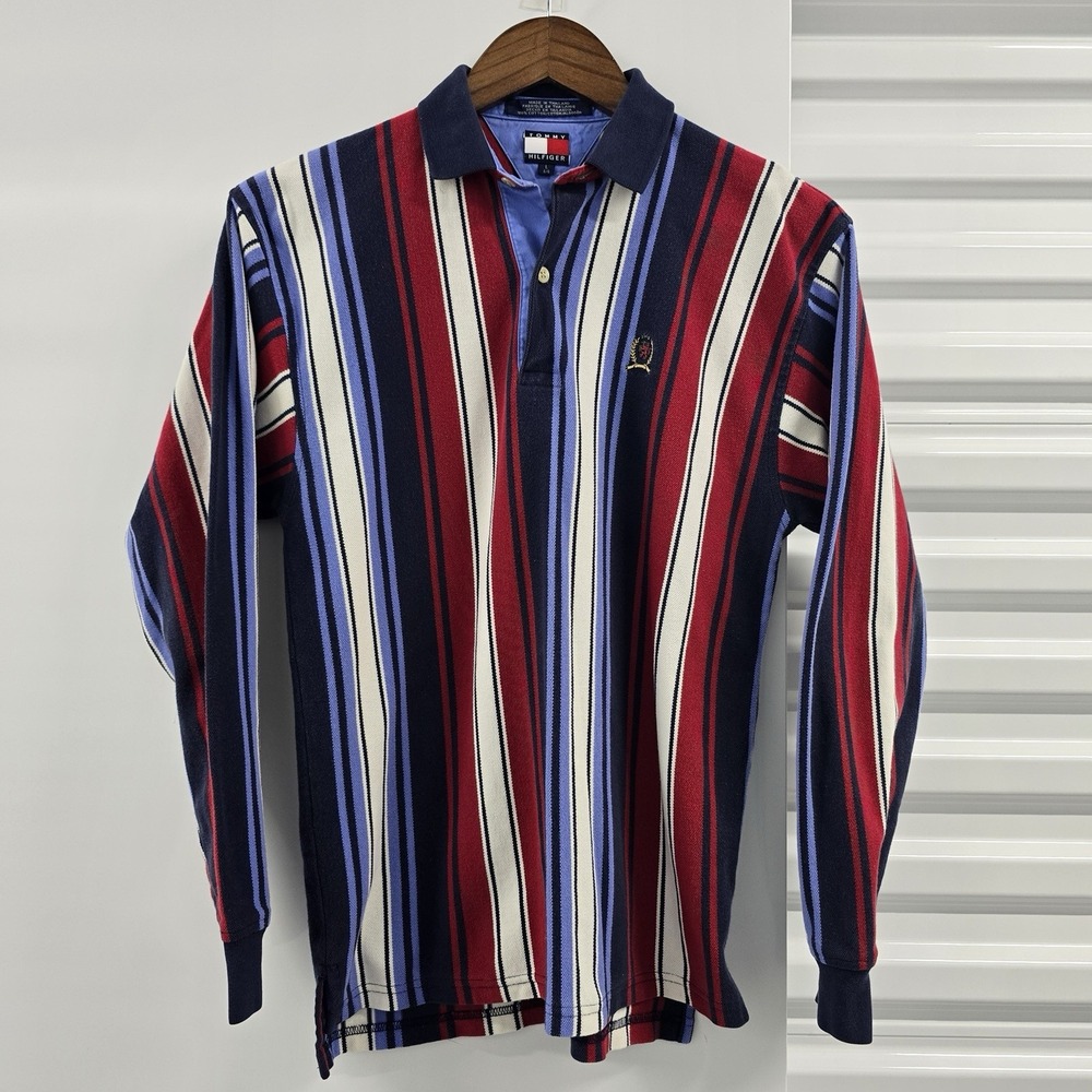 Vintage 90s Tommy Hilfiger Rugby Shirt Men's L Vertical Stripe Crest Big Flag